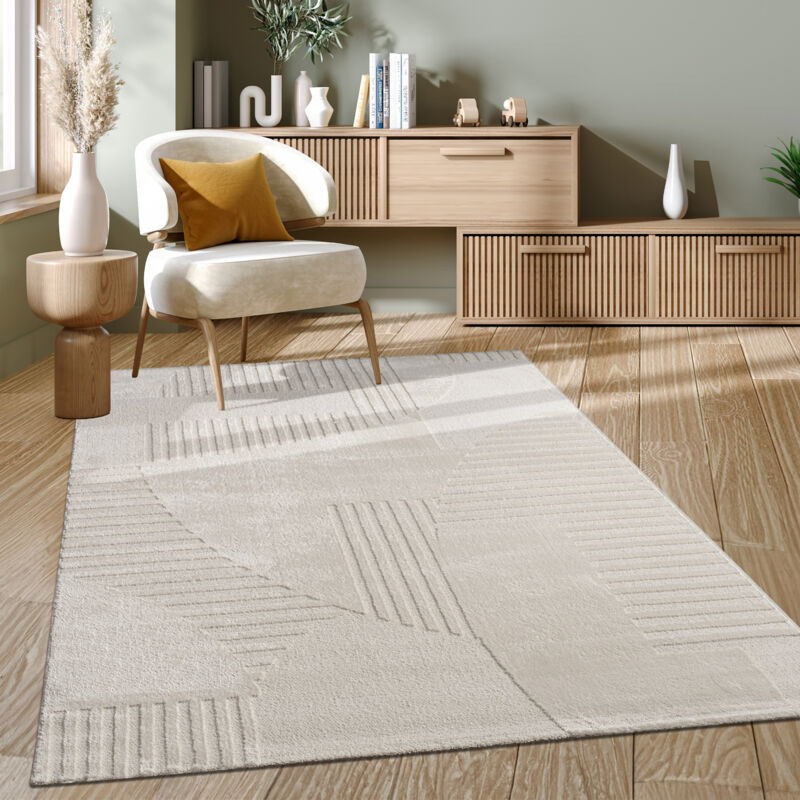 Paco Home Teppich Wohnzimmer Kurzflor Moderner Japandi Stil 3d Effekt Einfarbig 120x170 Cm, Creme 3
