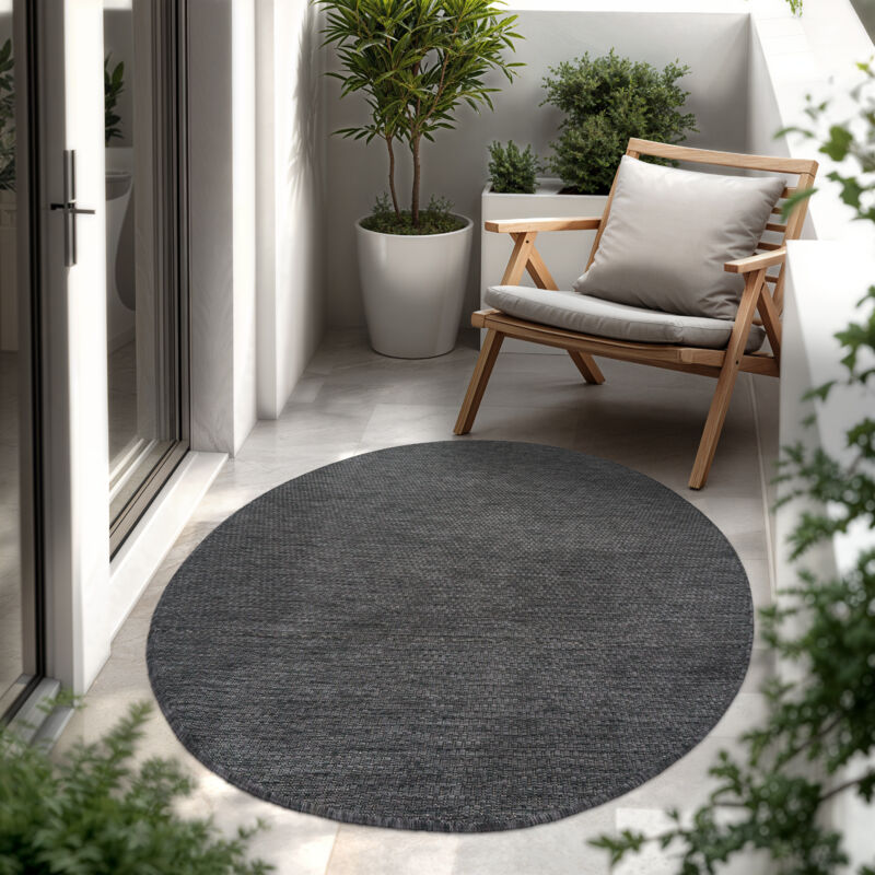 Paco Home In- & Outdoor Teppich Flachgewebe Einfarbig Modern Wetterfest Für Terrasse Küche Anthrazit, 80 Cm Rund
