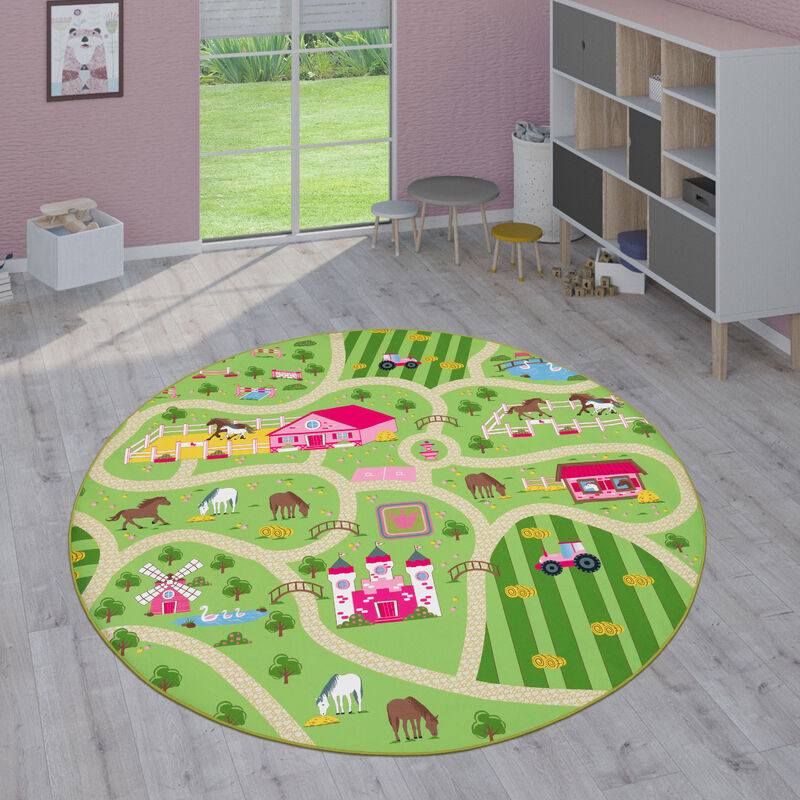 Paco Home Kinder-teppiche, Kurzflor-teppiche Für Kinderzimmer Mit Vers. Designs Spielteppiche Bunt Grün, 200 Cm Rund