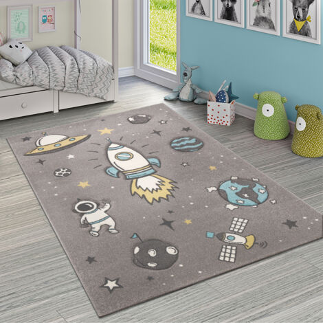 Paco Home Kinderteppich Jungen Mädchen Grau Kinderzimmer Kurflor Weltall Astronaut 140x200 cm