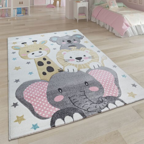 Paco Home Kinderteppich Teppich Kinderzimmer Kurzflor Mädchen Jungs Sterne Tier Creme Grau 120 cm Rund