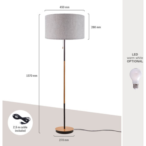 Paco Home Lampada Da Terra Soggiorno Scandi Paralume Tessuto Cavo Tessuto Interruttore E27  Grigio (Ø45.5 cm),  Lampada terra bianco/legno + lampadina