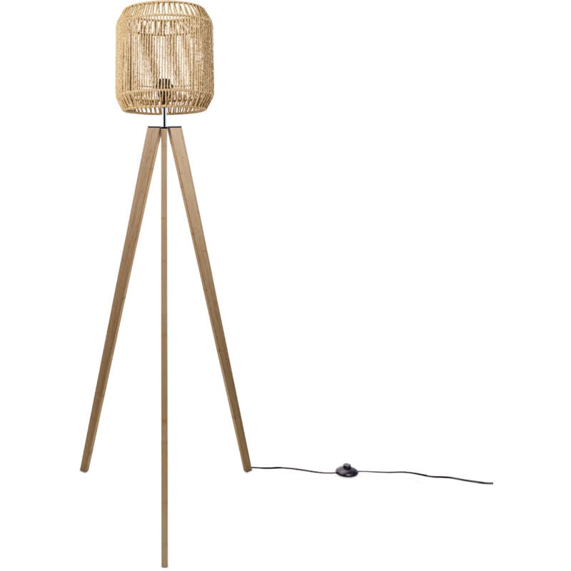 Lampadaire Moderne Salon Chambre Aspect Rotin Boho Corbeille E27 Beige (Ø28 cm), Lampadaire Bois - Paco Home