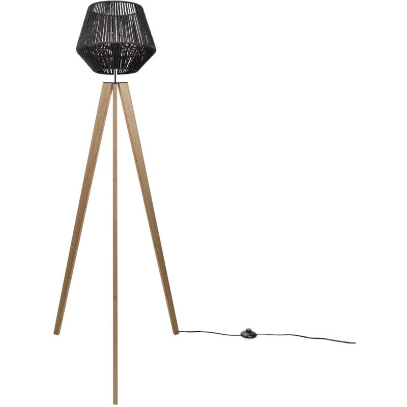 Lampadaire Moderne Salon Chambre Aspect Rotin Boho Corbeille E27 Noir (Ø33 cm), Lampadaire Bois - Paco Home