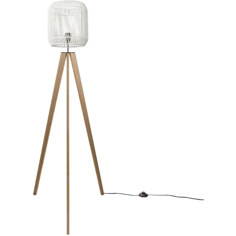 Lampadaire Moderne Salon Chambre Aspect Rotin Boho Corbeille E27 Blanc (Ø28 cm), Lampadaire Bois - Paco Home