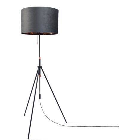Paco Home Lámpara De Suspensión Lámpara De Pie Trípode Salón Pantalla Terciopelo Monocolor E27 Antracita Cobre (Ø45.5 cm), Lámpara de pie Tipo 2 - Negro