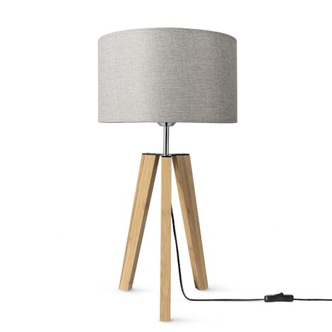 Paco Home Lampe À poser Trépied Lampe De Chevet Lampadaire E27 Abat-Jour Tissu Uni Gris (Ø28cm), Lampe de table - Bambou