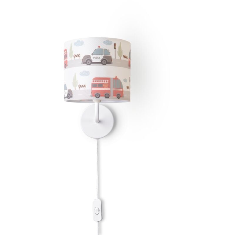 Paco Home - Lampe Table Chambre D'Enfant Applique Rue Pompiers Abat-jour Tissu Rond Lampe murale - Blanc, Design 1 (Ø18 cm)