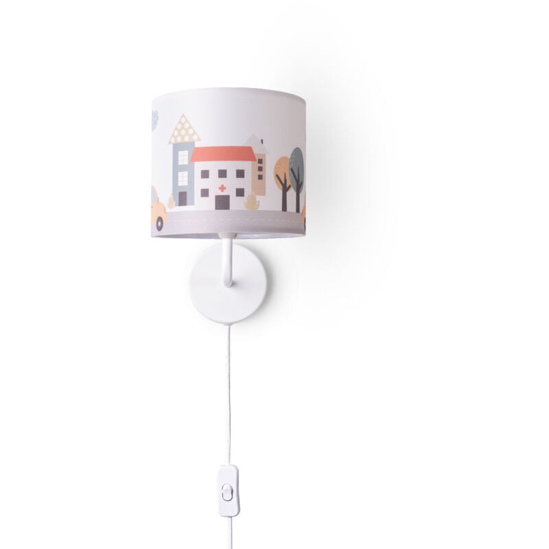 Paco Home - Lampe Table Chambre D'Enfant Applique Rue Pompiers Abat-jour Tissu Rond Lampe murale - Blanc, Design 2 (Ø18 cm)