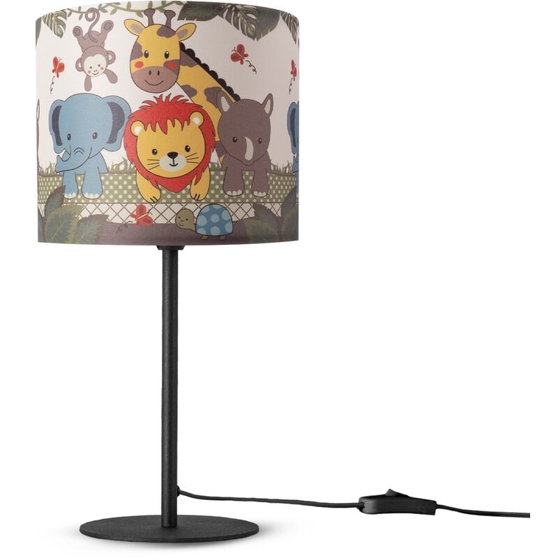 Paco Home - Lampe Poser Chambre Enfant Chevet Abat-Jour Tissu Applique Ronde Animaux Lampe de table - Noir, Design 1 (Ø18 cm)