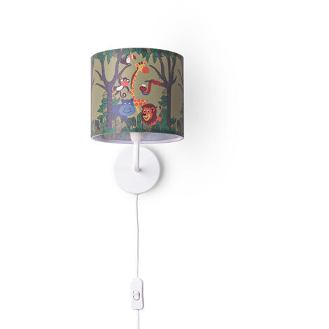 Paco Home Mesa De Mesa Cuarto Infantil Mesilla Pantalla De Tela Pared Redonda Animales Lámpara de pared - Blanco, Diseño 4 (Ø18 cm)