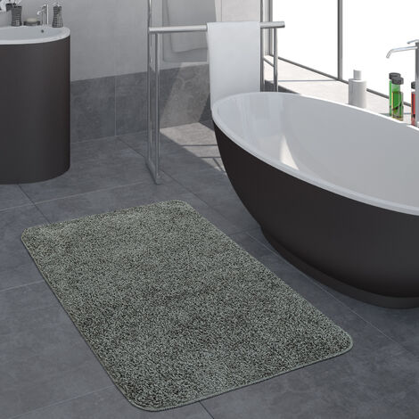 Paco Home Moderner Badezimmer Teppich Einfarbig Hochflor Badteppich Rutschfest In Grau 50x80 cm