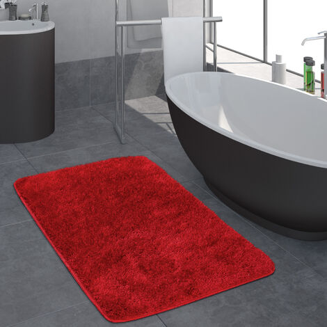 Paco Home Moderner Hochflor Badezimmer Teppich Einfarbig Badematte Rutschfest In Rot