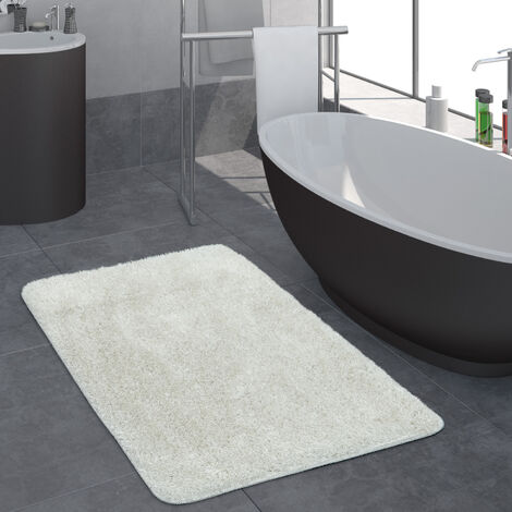 Paco Home Moderner Hochflor Badezimmer Teppich Einfarbig Badematte Rutschfest In Weiß