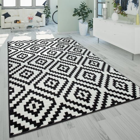 Paco Home Moderno tappeto a pelo corto per il soggiorno dal motivo 3D geometrico a rombi in nero e bianco