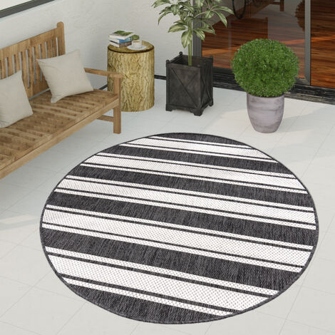Paco Home Outdoor Teppich Flachgewebe in Sisal-Optik mit Bordüre UV-beständig robust 120 cm Rund, Anthrazit-Weiß
