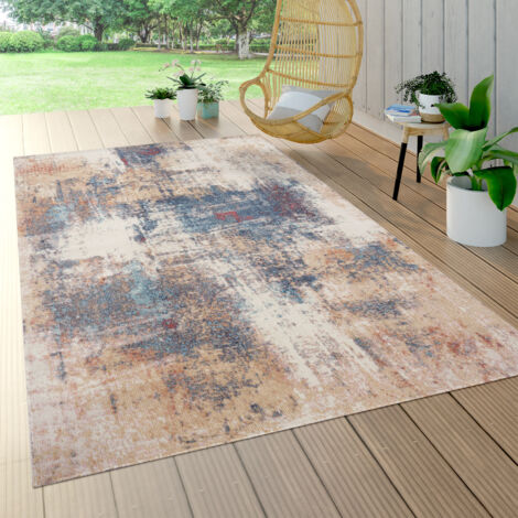 Paco Home Outdoor Teppich Wetterfest Balkon Wohnzimmer Küche Vintage Abstrakt Beige Blau 160 cm Rund