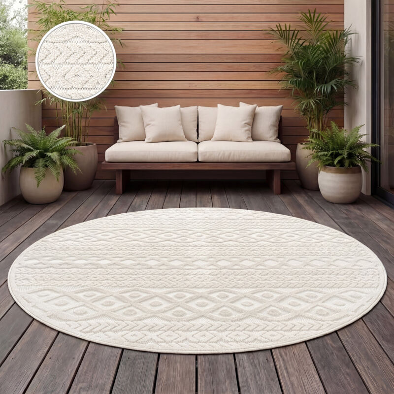 Paco Home Outdoor Teppich Wetterfest Balkon Wohnzimmer Skandinavisches Boho Einfarbig 160 Cm Rund, Creme 4