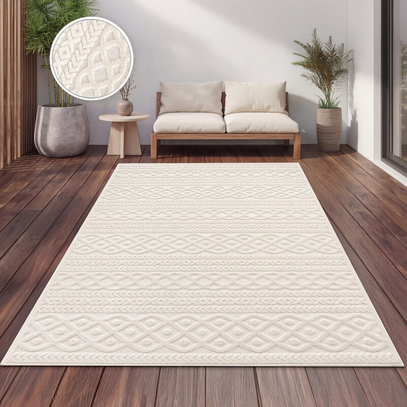 Paco Home - Outdoor Teppich Wetterfest Balkon Wohnzimmer Skandinavisches Boho Einfarbig 80x250 Cm, Creme 4