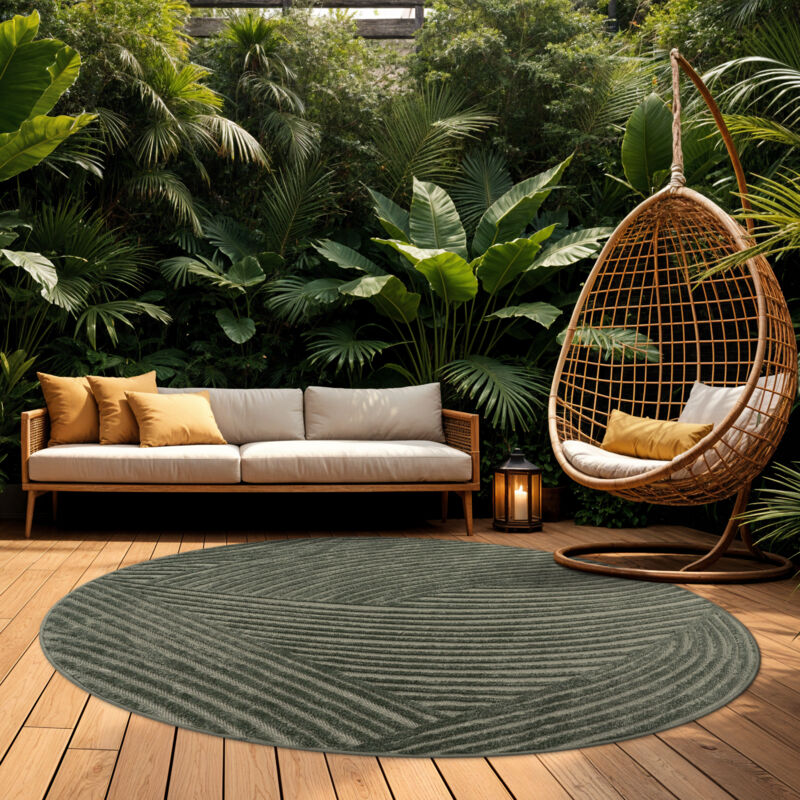 Paco Home - Outdoor Teppich Wetterfest Balkon Wohnzimmer Skandinavisches Boho Einfarbig 160 Cm Rund, Grün 2