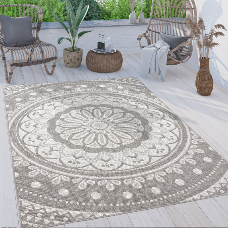 Paco Home - Outdoor Teppich Wetterfest & Robust Mandala Boho Design Pflegeleicht Flachgewebt Marokkanisch Grau, 120x160 Cm