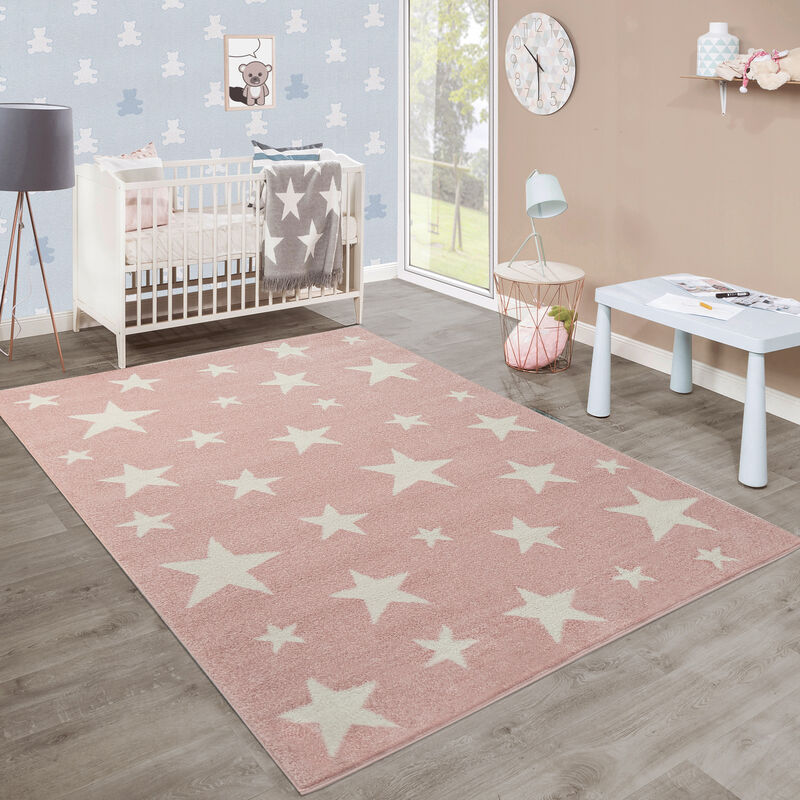 Poils Ras Tapis Enfant Motif Étoilé Rose Blanc 160x220 cm - Paco Home