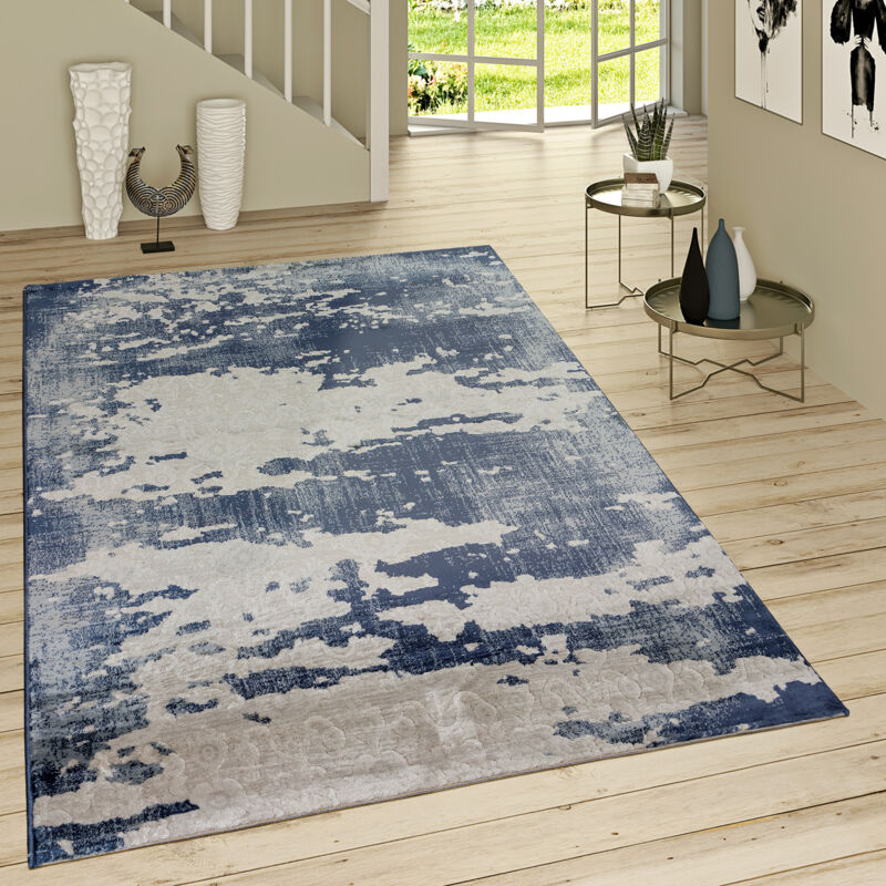 Poils Ras Tapis Look Usé Motif Ornemental Bleu Jean Moderne Gris Bleu 160x230 cm - Paco Home