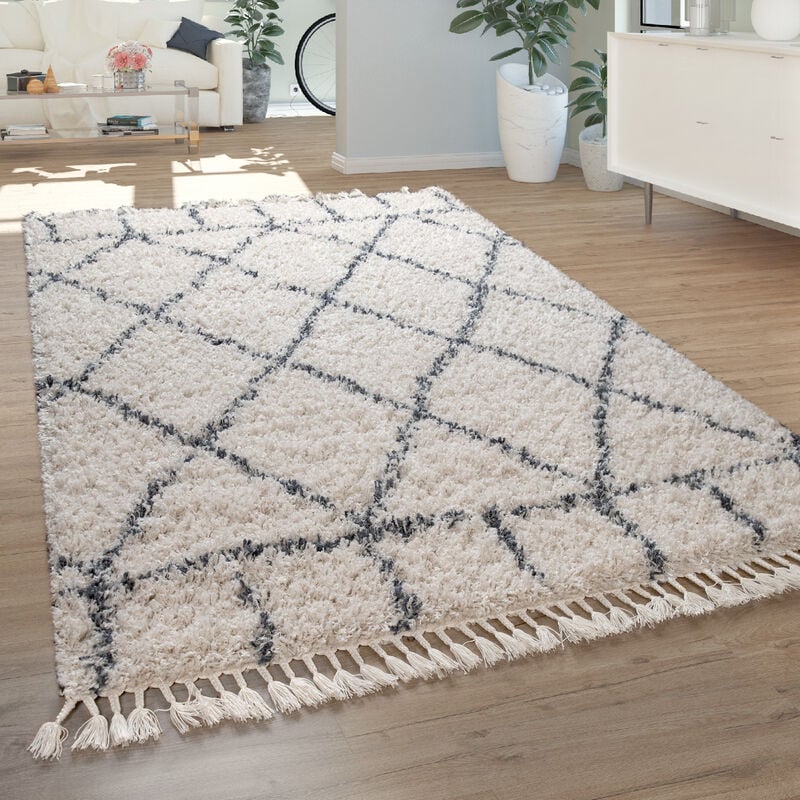 Salon Tapis Shaggy Poils Longs Moderne Motif à Losanges Carreaux Crème Bleu 60x100 cm - Paco Home