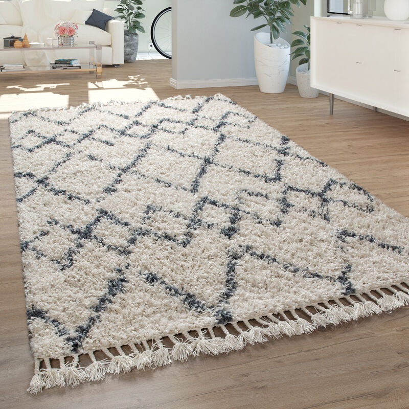 Paco Home - Shaggy Tapis Salon Poils Longs Moderne Motif à Carreaux Losanges Crème Bleu 120x170 cm
