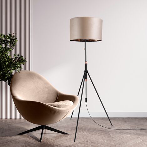 Paco Home Sospensione Lampada Da Terra Treppiede Salotto Paralume Velour Monocolore E27 Beige Rame (Ø45.5 cm), Lampada da terra Tipo 2 - Nero