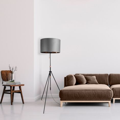 Paco Home Sospensione Lampada Da Terra Treppiede Salotto Paralume Velour Monocolore E27 Grigio Rame (Ø45,5 cm), Lampada da terra Tipo 2 - Nero