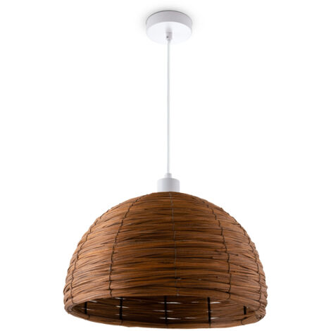 Paco Home Sospensione Tavolo Sala Da Pranzo Vimini 1,5m Cavo In Tessuto Rustica Boho Luce a sospensione - Bianca, Marrone (Ø36 cm)