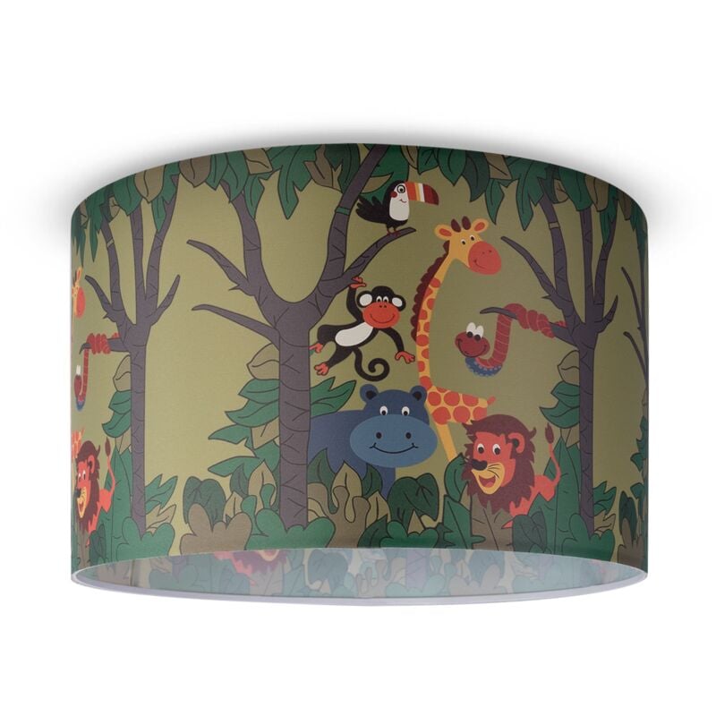 Suspension Chambre Enfant Plafonnier Abat-Jour Tissu Rond Jungle Design 4 (Ø45,5 cm), Plafonnier - Blanc - Paco Home