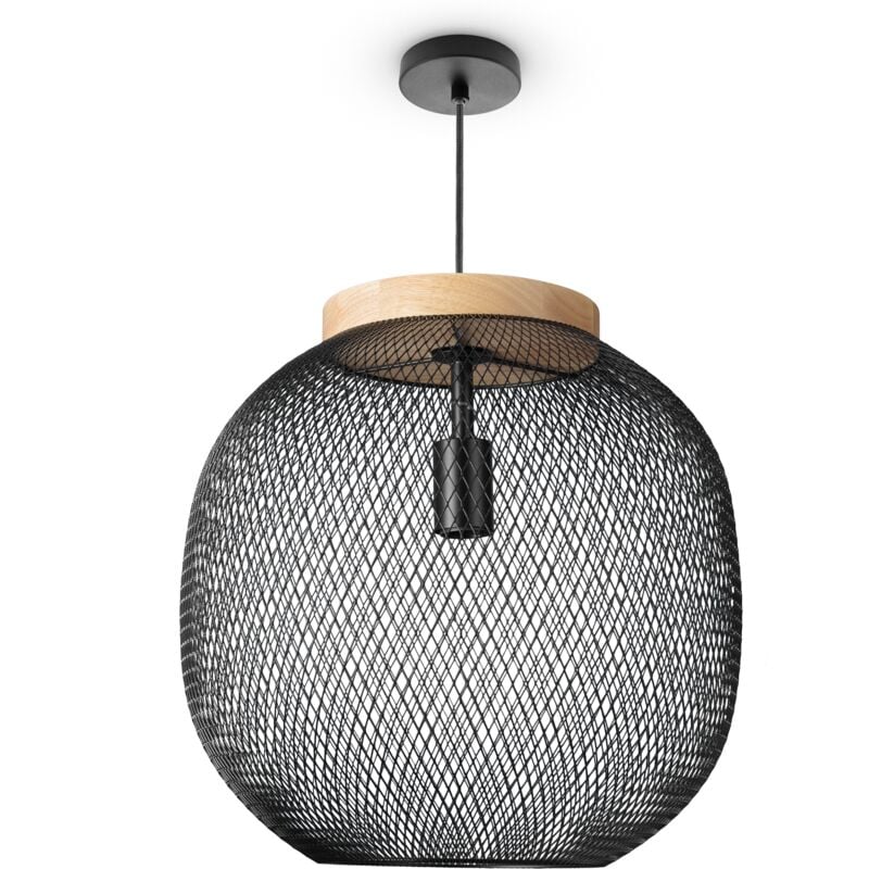 Suspension Lampe Salle à Manger Lampes En Osier Métal Cuisine Industrie E27 Lampe à suspension - Type 2, Noir-Bois (Ø40 cm) - Paco Home