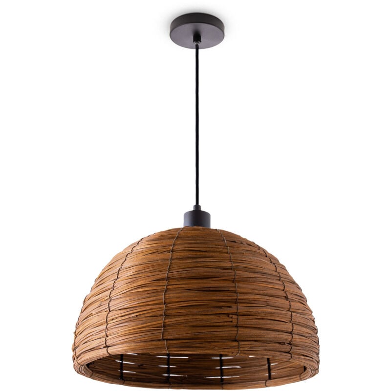 Suspension Lampe Table Salle à Manger Osier Câble Textile 1,5 m Rustique Boho Lampe à suspension - Noir, Marron (Ø36 cm) - Paco Home