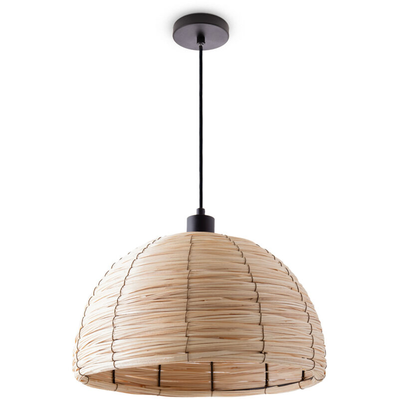 Paco Home - Suspension Lampe Table Salle à Manger Osier Câble Textile 1,5 m Rustique Boho Lampe à suspension - Noir, Nature (Ø36 cm)