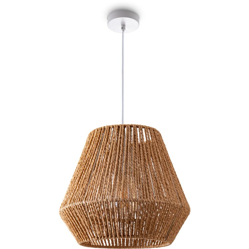 Suspension Table à Manger Lampe Suspendue E27 Papier Boho Rotin Lampe à suspension - Blanc, Nature (Ø32cm) - Paco Home