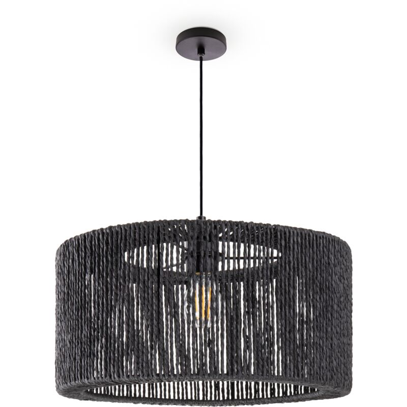 Suspension Table à Manger Lampe Suspendue E27 Papier Boho Rotin Lampe à suspension - Noir, Noir (Ø40cm) - Paco Home