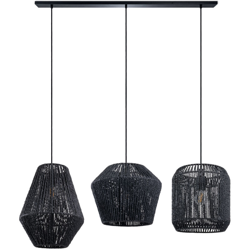 Suspension Table à Manger Osier Boho Lampe Suspendue E27 Rotin Lampe à suspension - Noir, Noir (Ø28 + Ø30 + Ø33cm) - Paco Home
