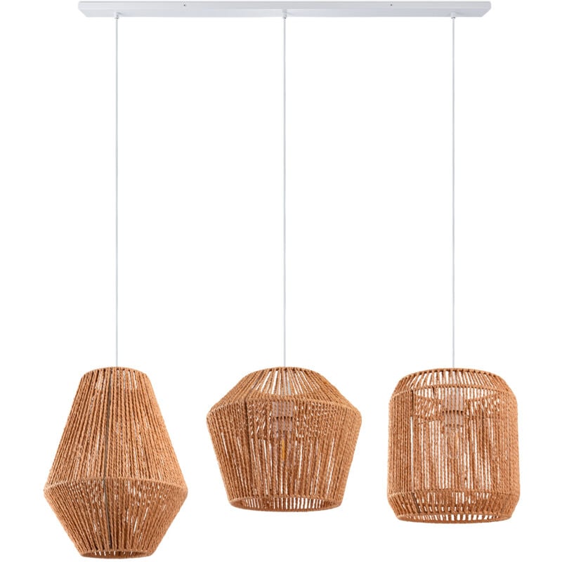 Suspension Table à Manger Osier Boho Lampe Suspendue E27 Rotin Lampe à suspension - Blanc, Beige (Ø28 + Ø30 + Ø33cm) - Paco Home