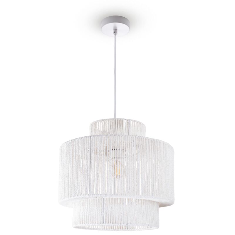 Suspension Table à Manger Papier Boho Lampe Suspendue Lampe E27 Rotin Lampe à suspension - Blanc, Blanc (Ø40cm) - Paco Home