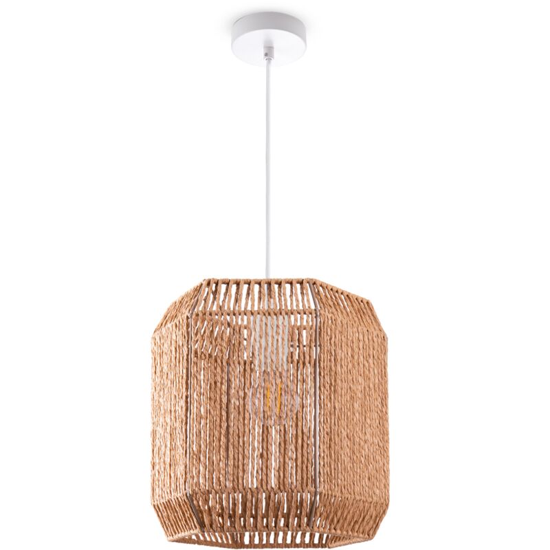 Paco Home - Suspension Table à Manger Papier Boho Lampe Suspendue Lampe E27 Rotin Lampe à suspension - Blanc, Nature (Ø24cm)