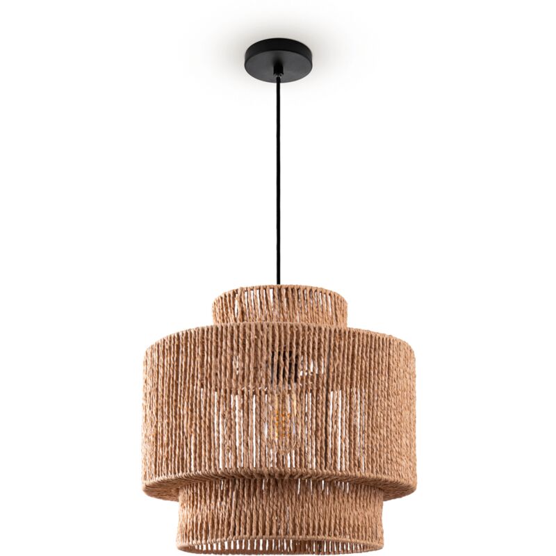 Suspension Table à Manger Papier Boho Lampe Suspendue Lampe E27 Rotin Lampe à suspension - Noir, Nature (Ø40cm) - Paco Home
