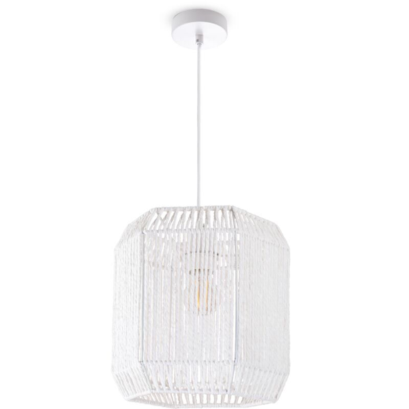Suspension Table à Manger Papier Boho Lampe Suspendue Lampe E27 Rotin Lampe à suspension - Blanc, Blanc (Ø24cm) - Paco Home