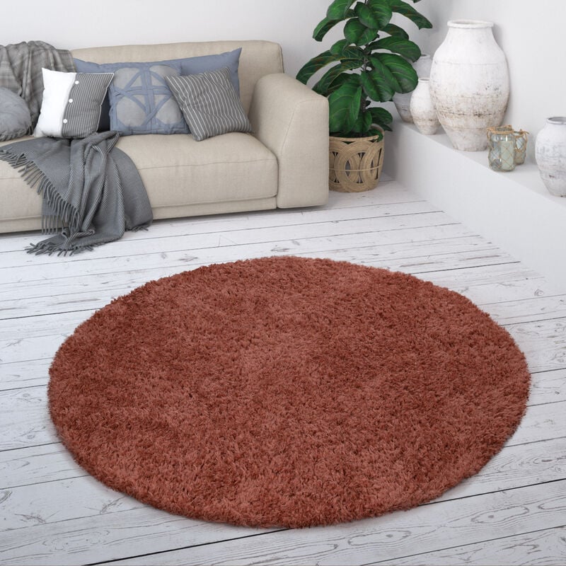 Tapis à Poils Longs, Shaggy Doux Moderne Salon Aspect Flokati, Uni 120 cm rond, Rouille 1 - Paco Home