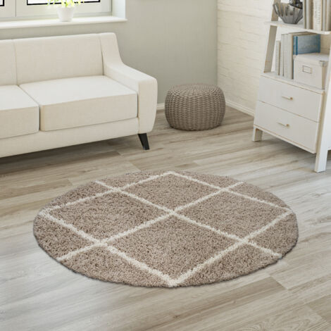 Paco Home Tapis À Poils Longs, Shaggy Doux Salon Style Scandinave Avec Motif Losanges 160 cm rond, Beige