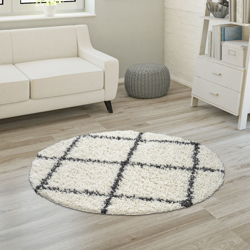 Tapis à Poils Longs, Shaggy Doux Salon Style Scandinave Avec Motif Losanges 160 cm rond, Crème - Paco Home