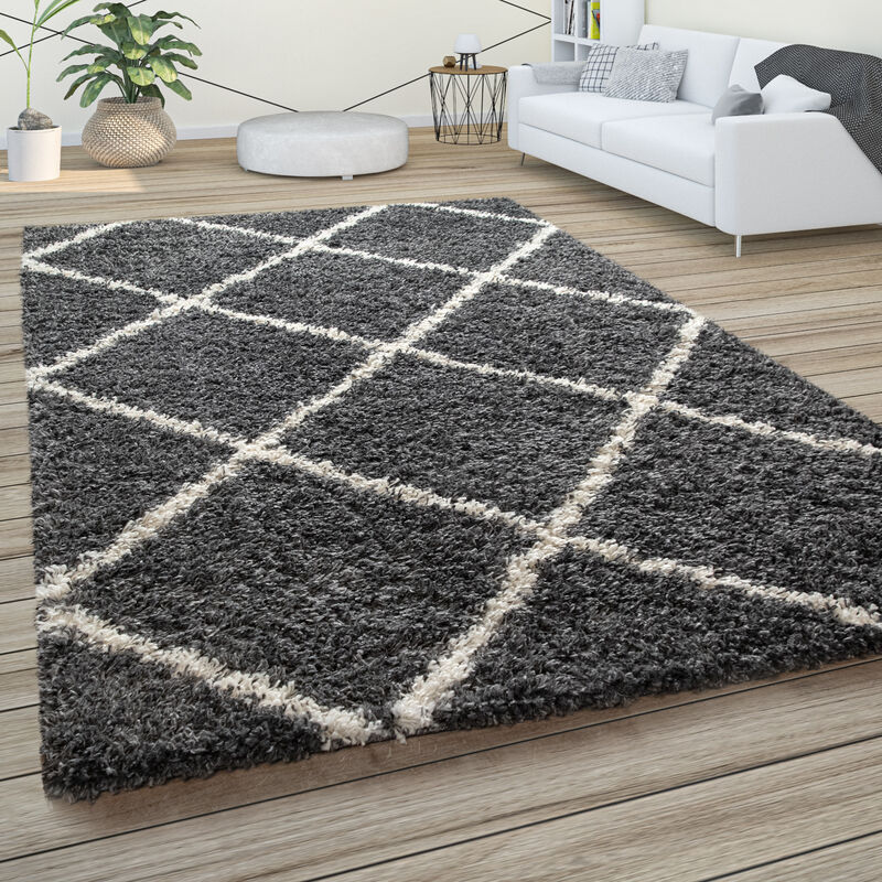 Tapis à Poils Longs, Shaggy Doux Salon Style Scandinave Avec Motif Losanges Anthracite, 200x280 cm - Paco Home