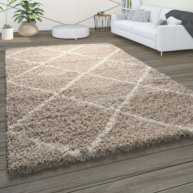 Tapis à Poils Longs, Shaggy Doux Salon Style Scandinave Avec Motif Losanges Beige, 100x200 cm - Paco Home