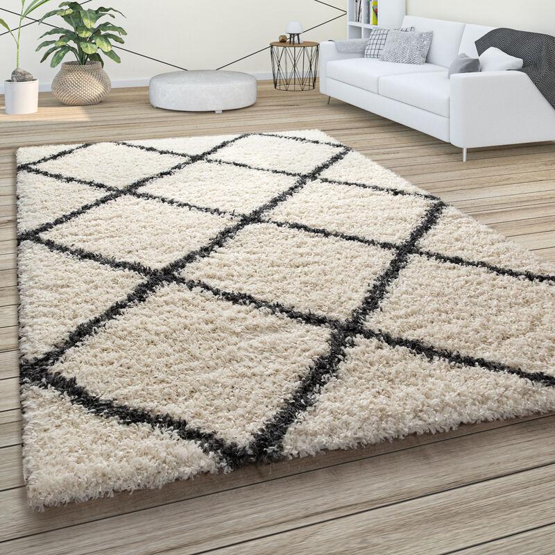 Tapis à Poils Longs, Shaggy Doux Salon Style Scandinave Avec Motif Losanges 150 cm carré, Crème - Paco Home